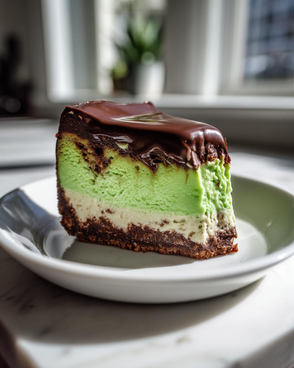A slice of layered Polyjuice Potion Cheesecake featuring bright green and white layers, a dark crust, and topped with glossy chocolate ganache.
