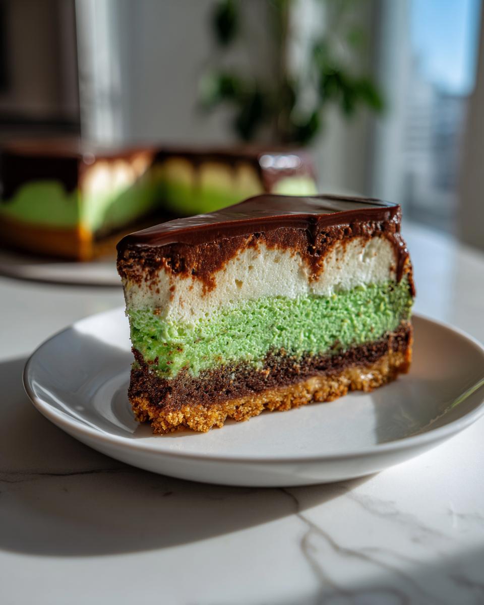 A slice of vibrant Polyjuice Potion Cheesecake showing a graham cracker crust, dark chocolate layer, green layer, white layer, and chocolate ganache topping.