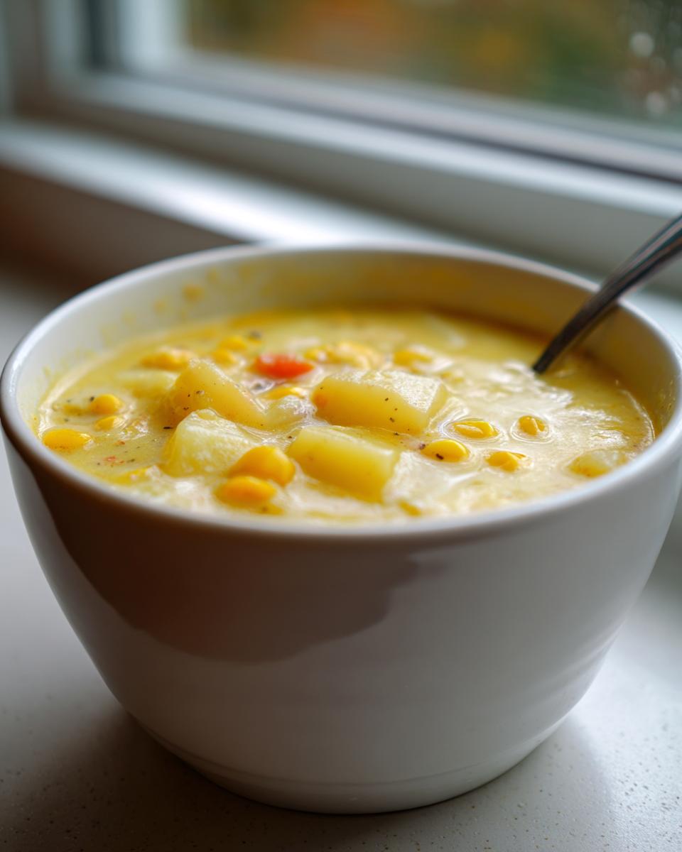 Close-up of a white bowl filled with creamy Potato Corn Chowder, featuring visible chunks of potato and corn kernels.