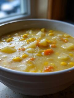 Close-up of a white bowl filled with creamy Potato Corn Chowder featuring visible chunks of potato, corn, and carrots.