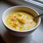 A close-up of a white bowl filled with creamy, yellow Potato Corn Chowder, featuring chunks of potato, corn, and carrots, seasoned with pepper.