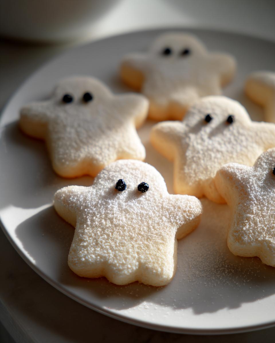 Several light, fluffy Ghost Cookies dusted heavily with powdered sugar and decorated with two small black eyes, arranged on a white plate.