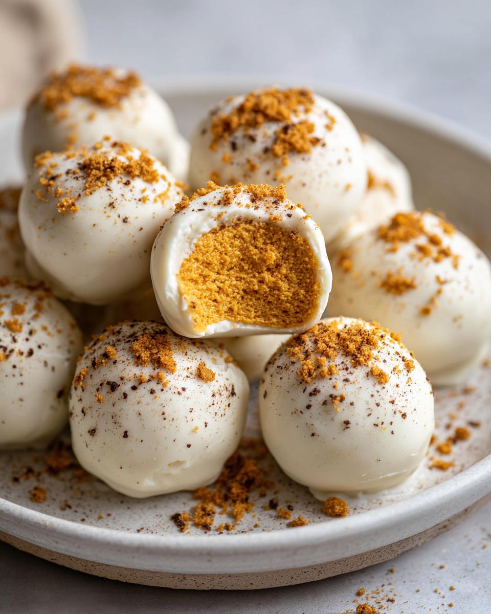 A plate of white chocolate coated Pumpkin Cheesecake Truffles, one bitten to show the orange filling and graham cracker topping.