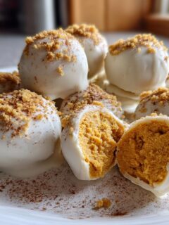 A pile of white chocolate covered Pumpkin Cheesecake Truffles, one cut open showing the orange filling and topped with graham cracker crumbs.