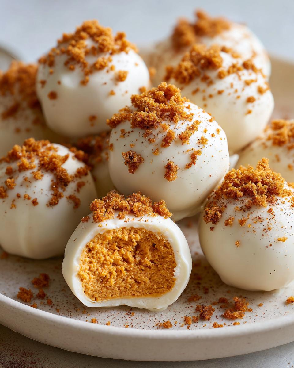 A close-up of several white chocolate Pumpkin Cheesecake Truffles, one cut open to show the orange filling and topped with brown sugar crumble.