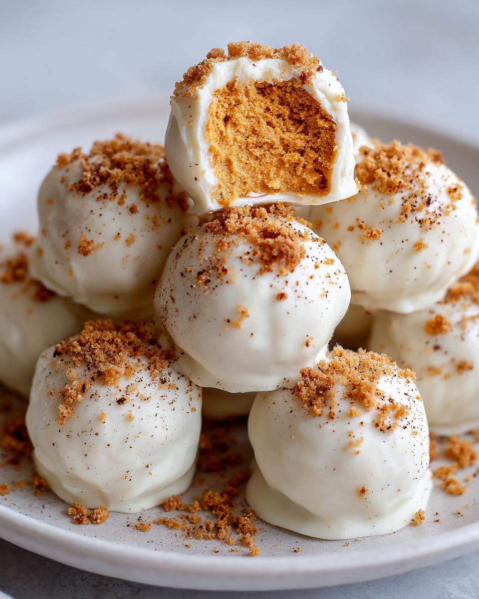 A stack of white chocolate coated Pumpkin Cheesecake Truffles, one cut open to show the orange filling and graham cracker topping.