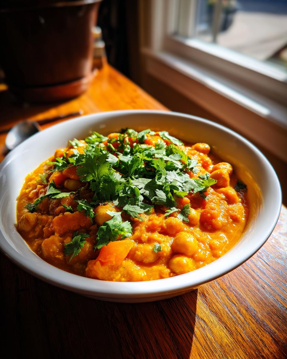A vibrant bowl of Pumpkin Chickpea Curry, rich orange in color and topped generously with fresh green cilantro.