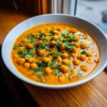 A close-up of a white bowl filled with vibrant orange Pumpkin Chickpea Curry, topped generously with fresh chopped cilantro.