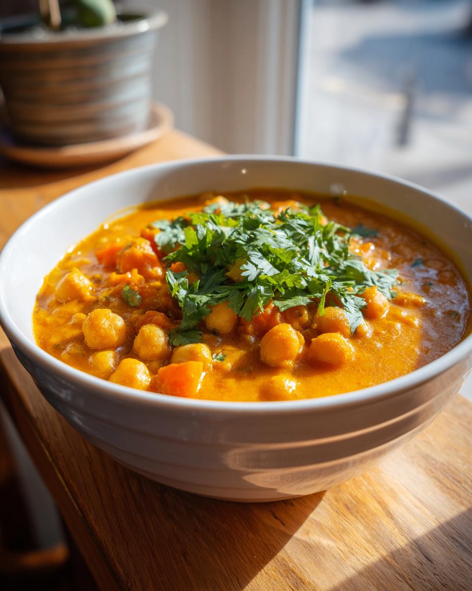 A close-up of a creamy, orange Pumpkin Chickpea Curry topped generously with fresh cilantro.