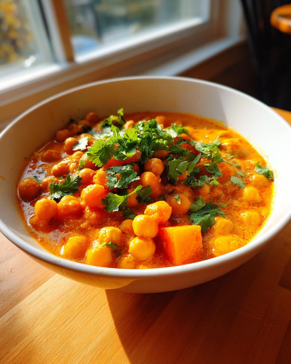 A close-up of a white bowl filled with rich, orange Pumpkin Chickpea Curry, topped generously with fresh cilantro.