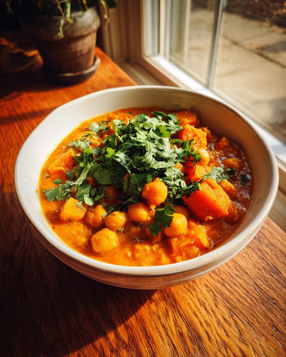 A close-up of a white bowl filled with rich, orange Pumpkin Chickpea Curry, topped generously with fresh cilantro.