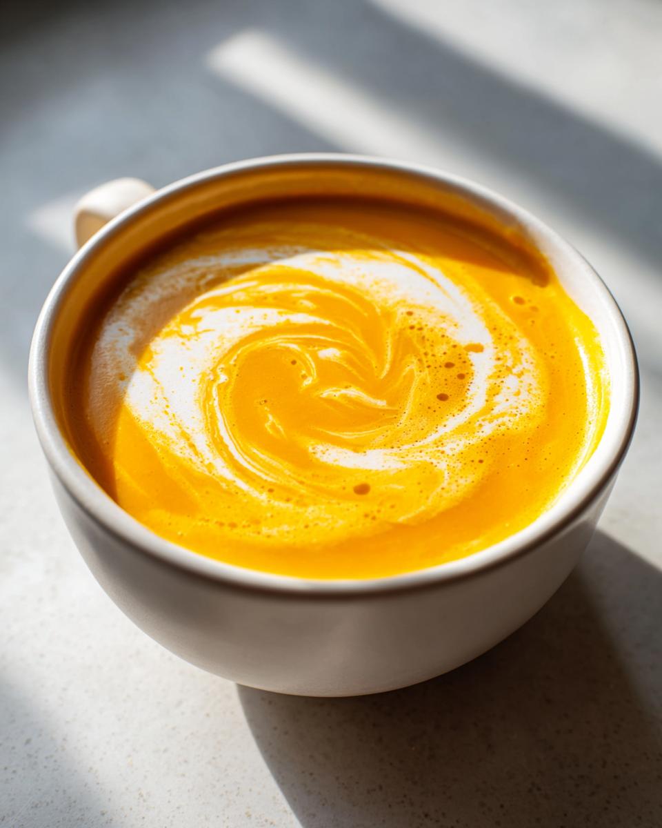 Close-up of vibrant orange Pumpkin Soup in a white mug, topped with a swirl of cream.
