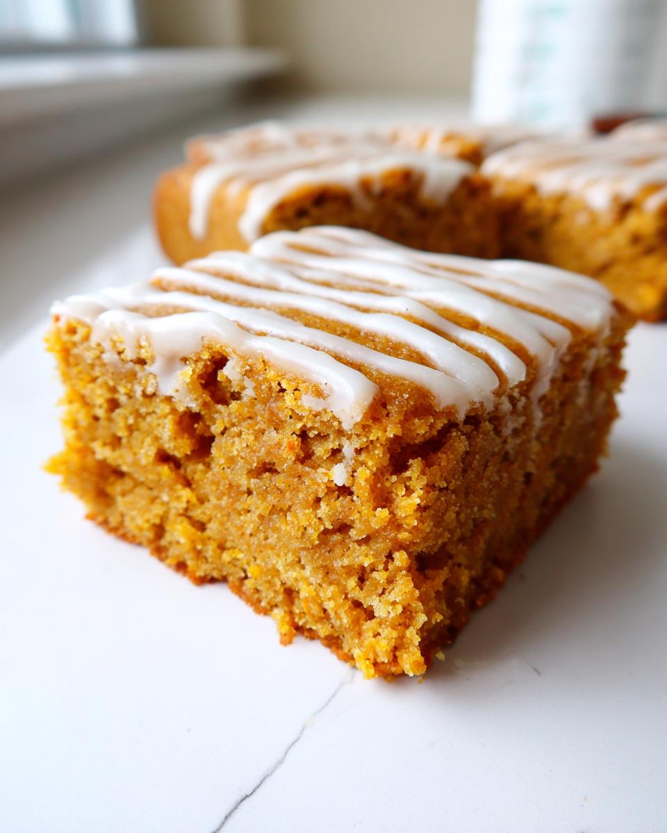 A close-up of a moist, orange-colored Pumpkin Spice Latte Bars slice topped with white icing drizzle.