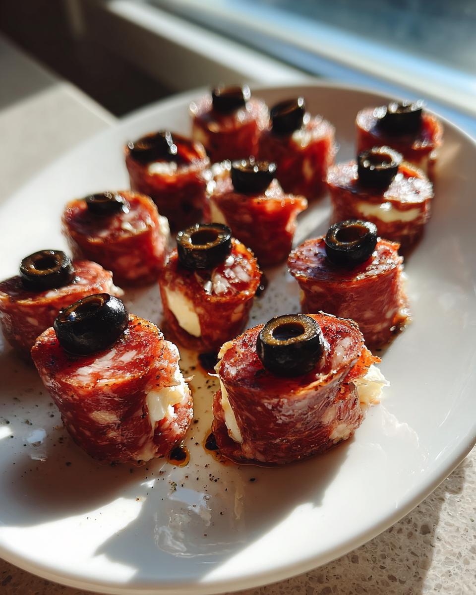 A plate of Salami Mozzarella Eyeballs appetizers, featuring salami wrapped around mozzarella and topped with a black olive slice.
