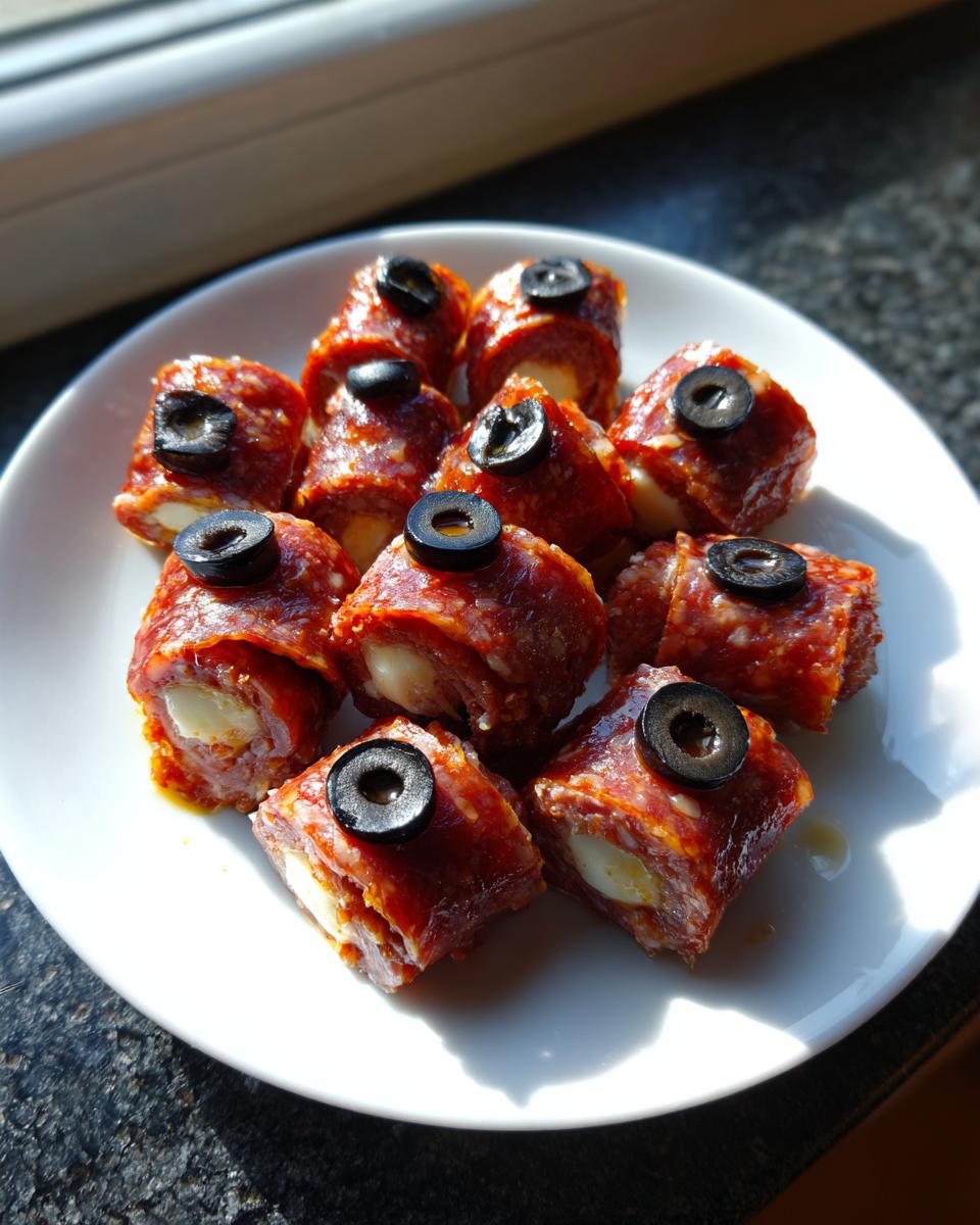 A white plate holding several Salami Mozzarella Eyeballs appetizers, each topped with a slice of black olive.