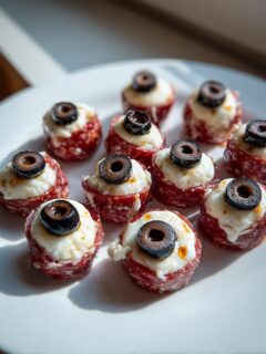 A close-up of several Salami Mozzarella Eyeballs appetizers arranged on a white plate, topped with black olive slices.
