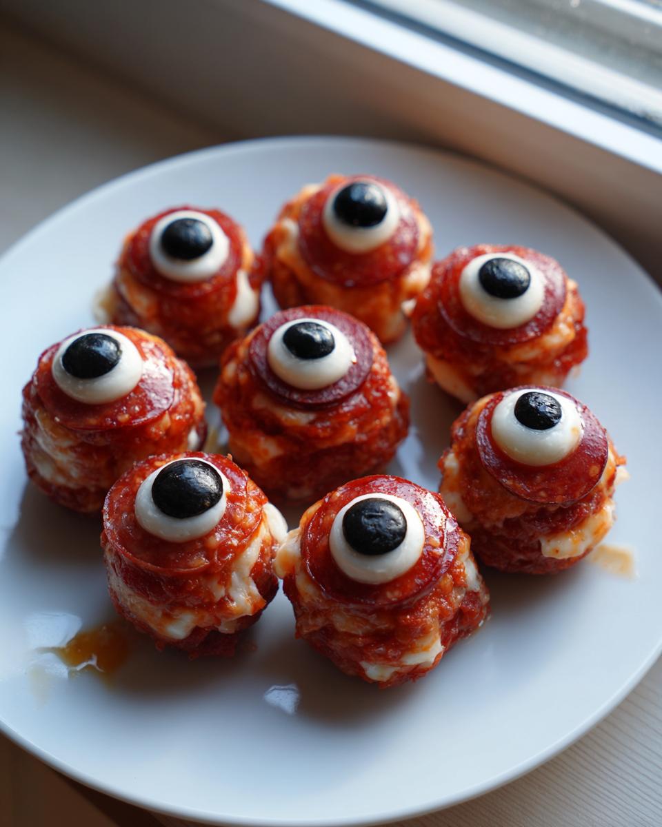 Seven Salami Mozzarella Eyeballs appetizers arranged on a white plate, featuring melted cheese and olive pupils.