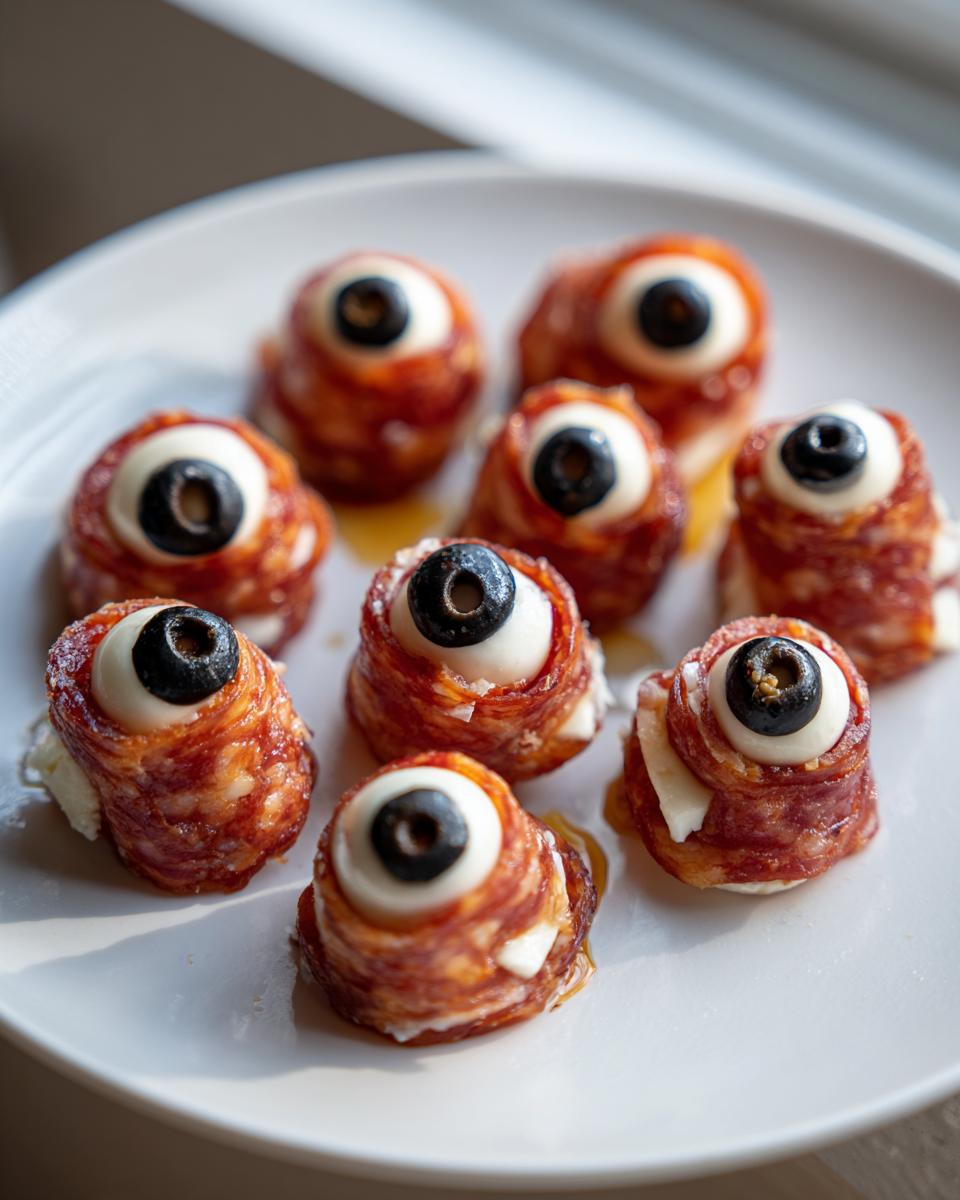 A white plate holding several Salami Mozzarella Eyeballs appetizers, each topped with a black olive slice.