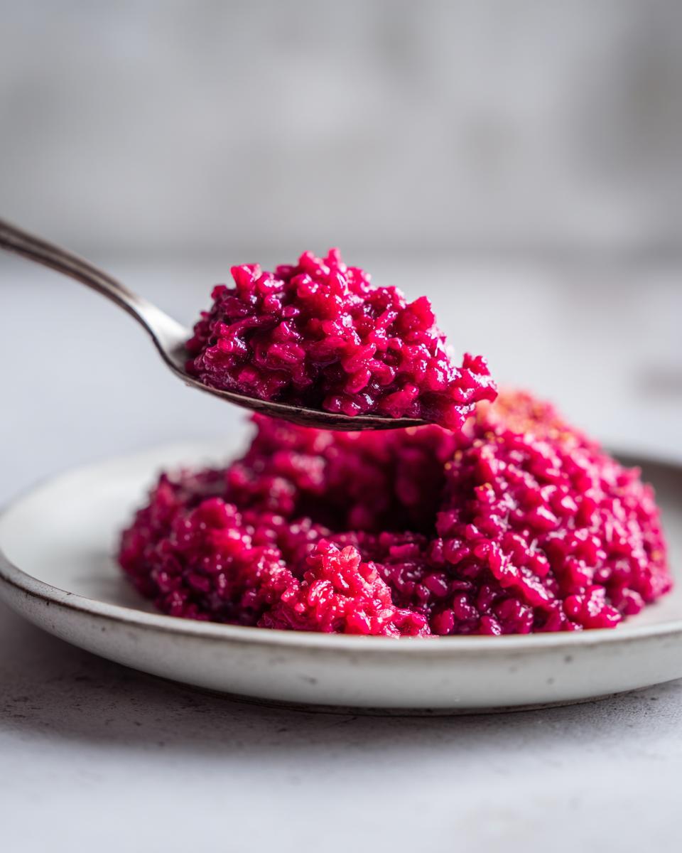 A spoonful of bright magenta Beet Risotto being lifted above a small serving on a light gray plate.
