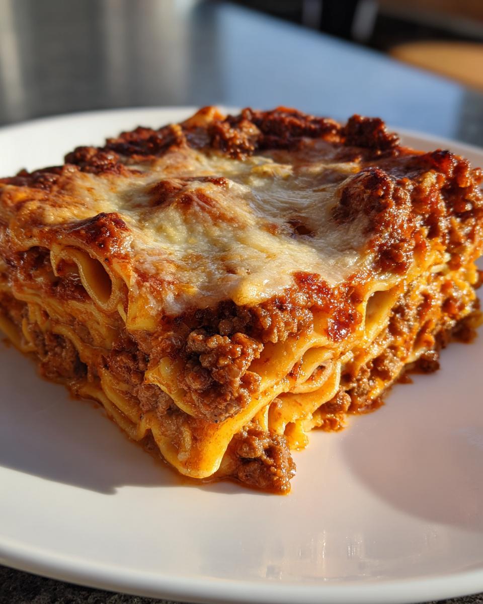 Close-up of a hearty, layered slice of Egyptian Goulash topped with melted, browned cheese.