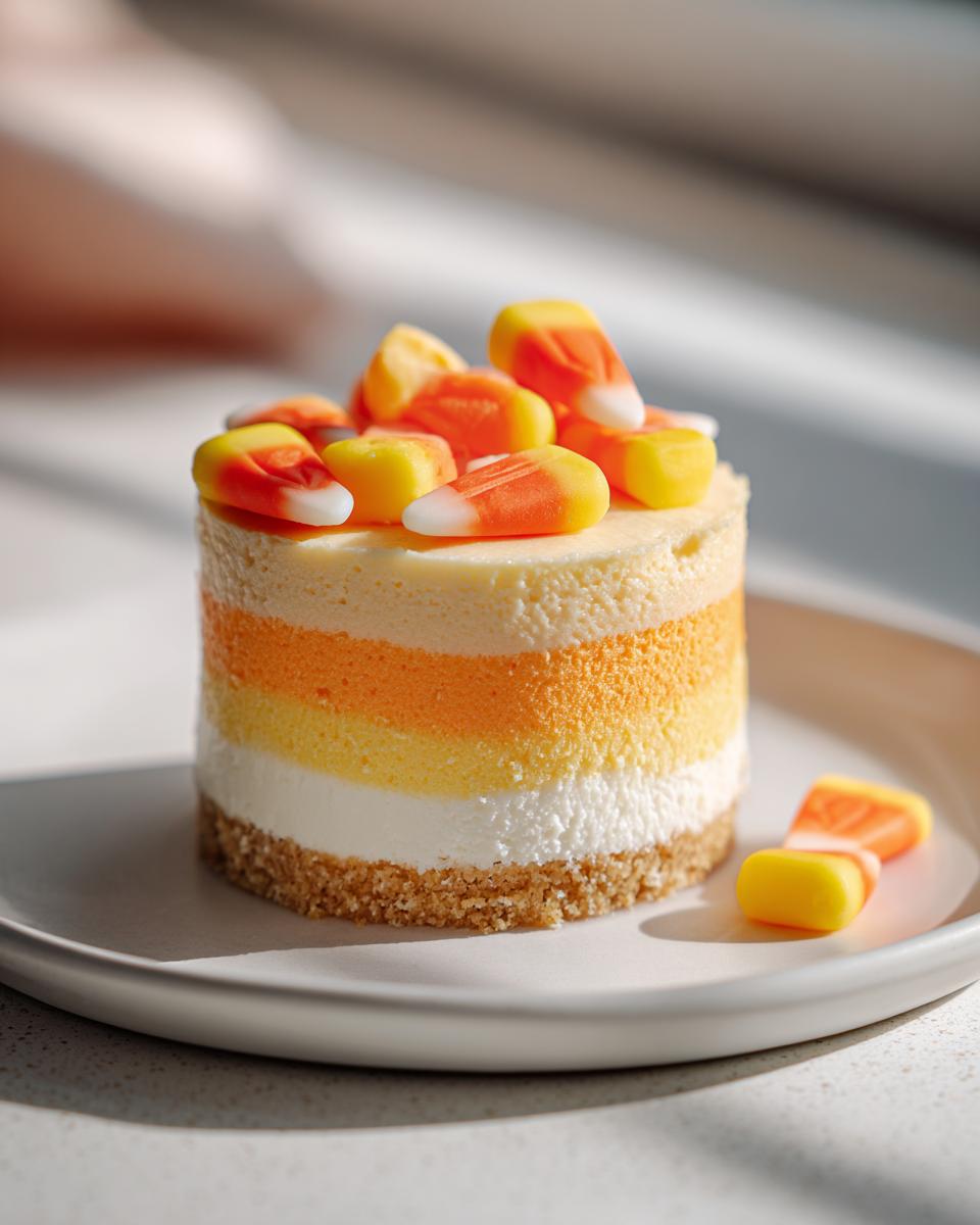A single, layered Candy Corn Cheesecakes on a white plate, topped with whole candy corn pieces.