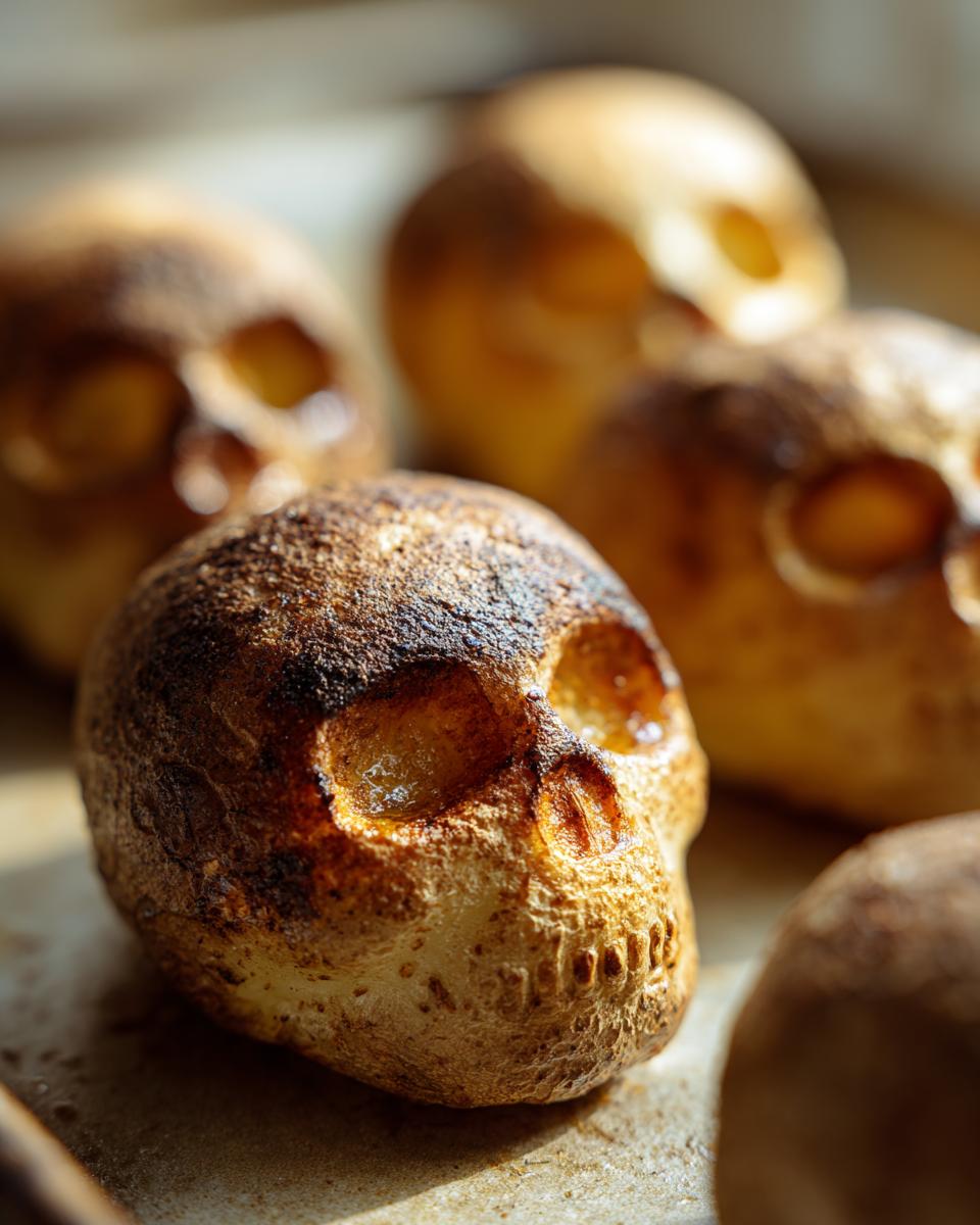 Close-up of several baked Skull Potatoes with dark, charred tops and visible eye sockets.