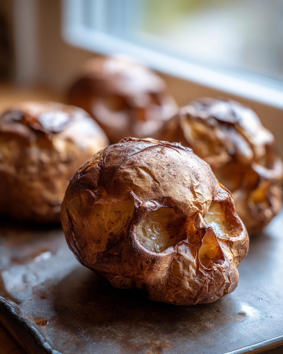 Four baked Skull Potatoes with carved eye sockets resting on a dark baking sheet.