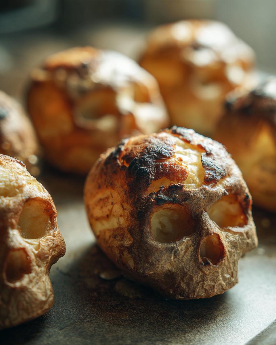 Close-up of several baked Skull Potatoes, featuring carved eye sockets and slightly charred, crispy skins.