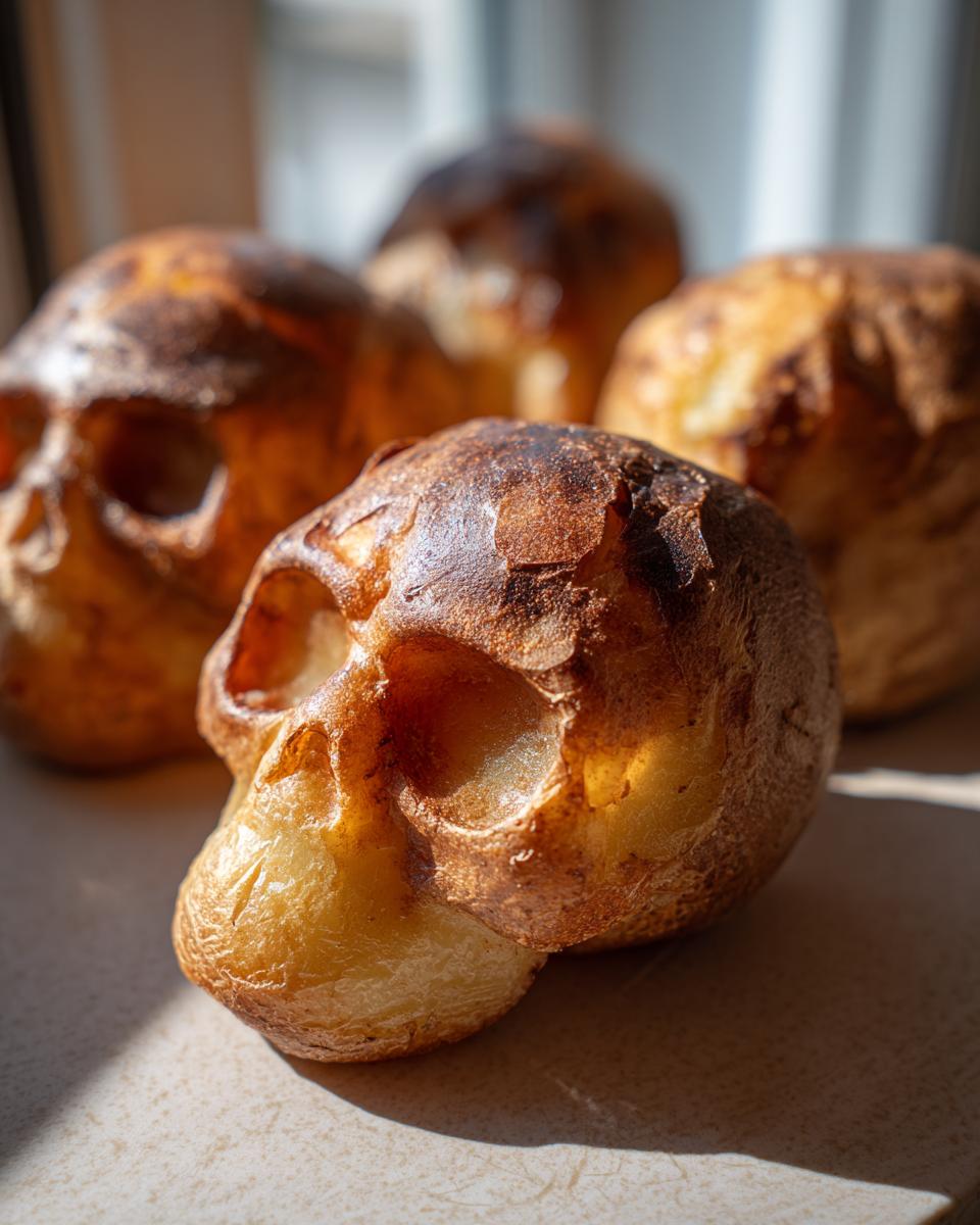 Four freshly baked Skull Potatoes with dark, crispy exteriors arranged on a light surface, illuminated by sunlight.