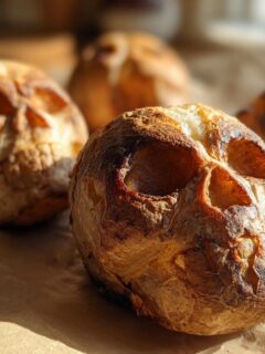 Close-up of freshly baked Skull Potatoes with deep-set eye sockets, sitting on brown parchment paper in bright sunlight.