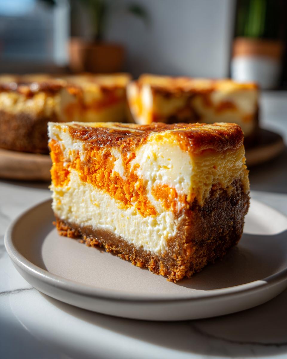 A close-up slice of Carrot Cake Cheesecake showing layers of cream cheese filling and bright orange carrot mixture on a graham cracker crust.