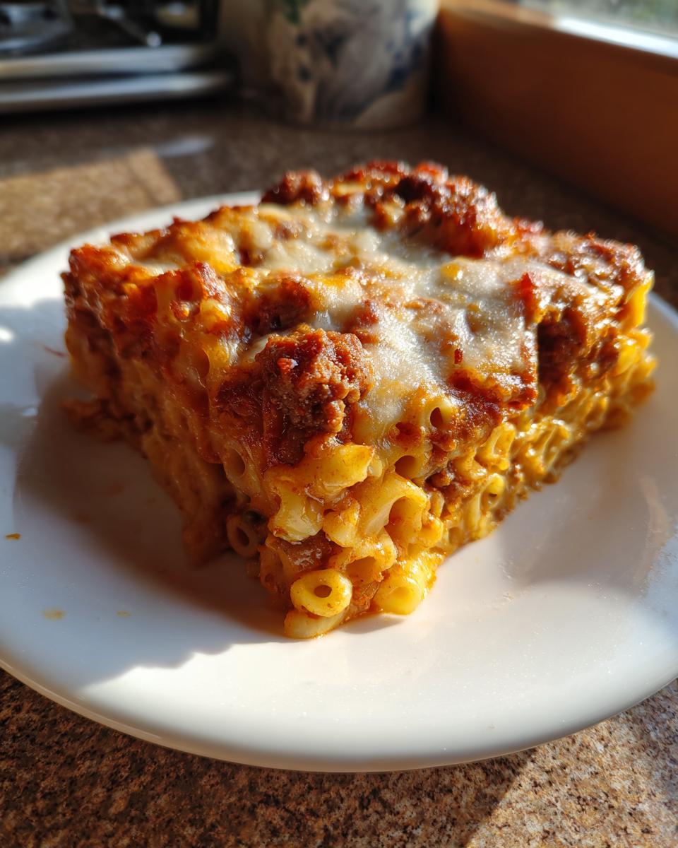 A square slice of baked Egyptian Goulash featuring macaroni, rich meat sauce, and melted cheese topping.