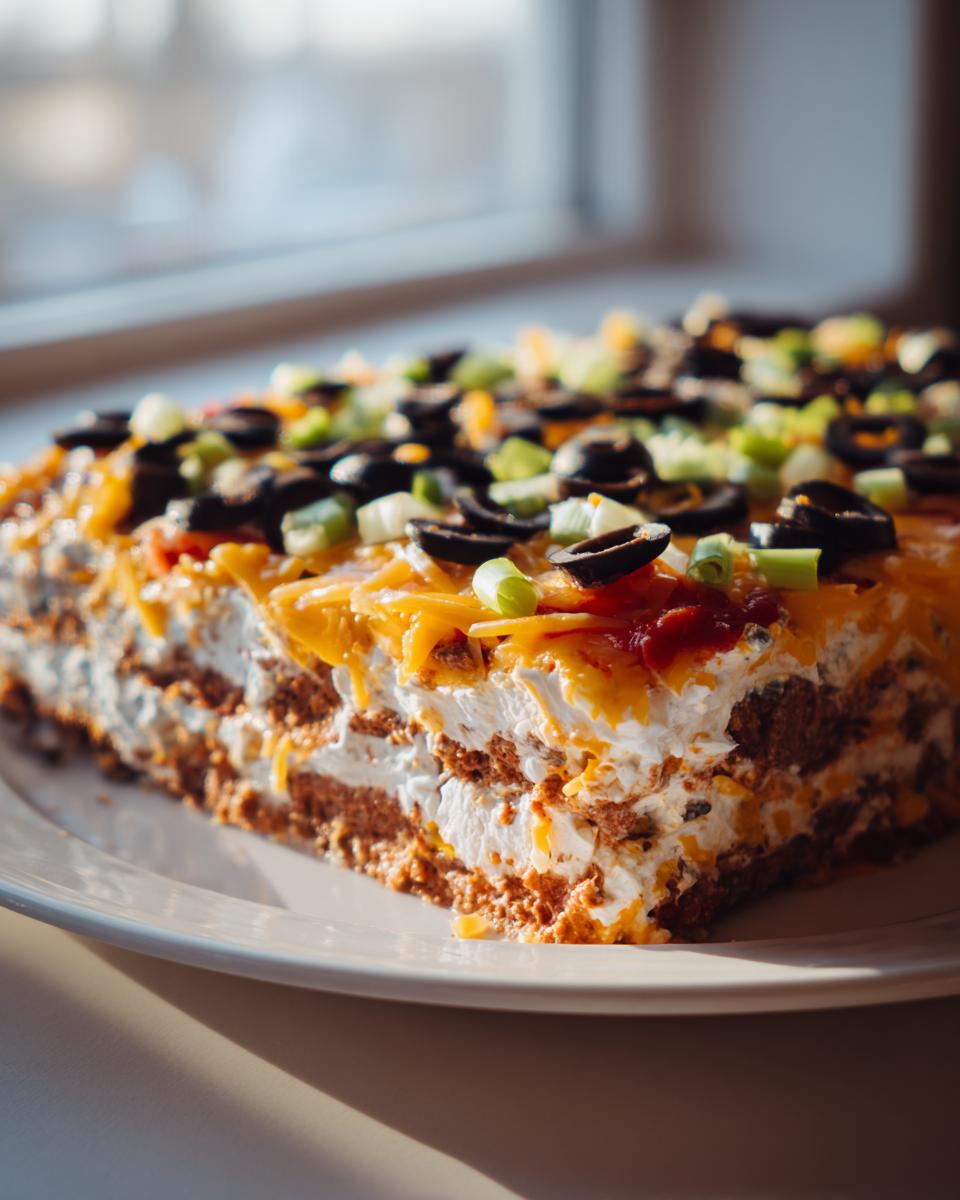 A close-up slice of layered Halloween Taco Dip showing layers of cream cheese, meat, and topped with shredded cheese, olives, and green onions.