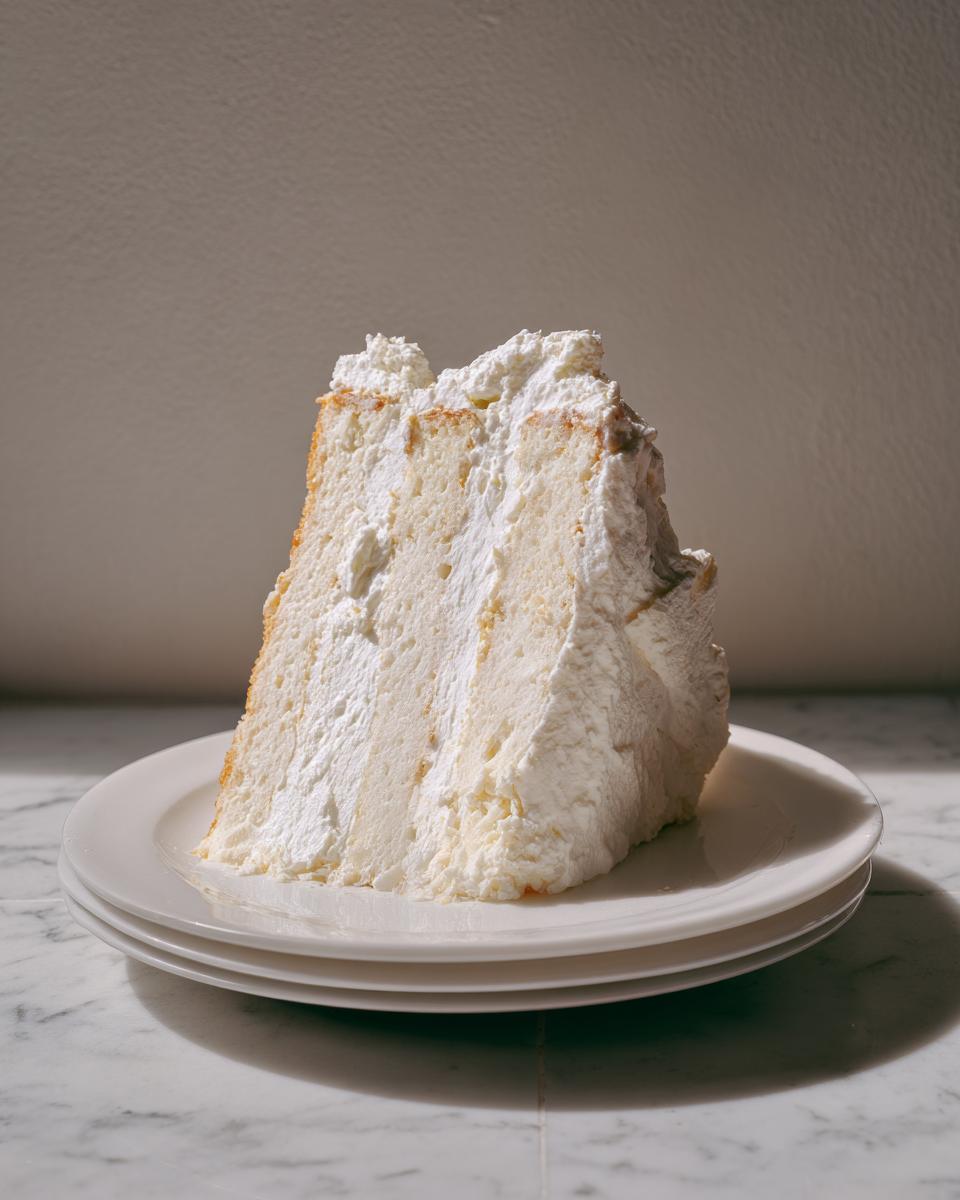 A tall, fluffy slice of white layer cake covered in whipped cream, representing the 'Ghostly Lasagna'.