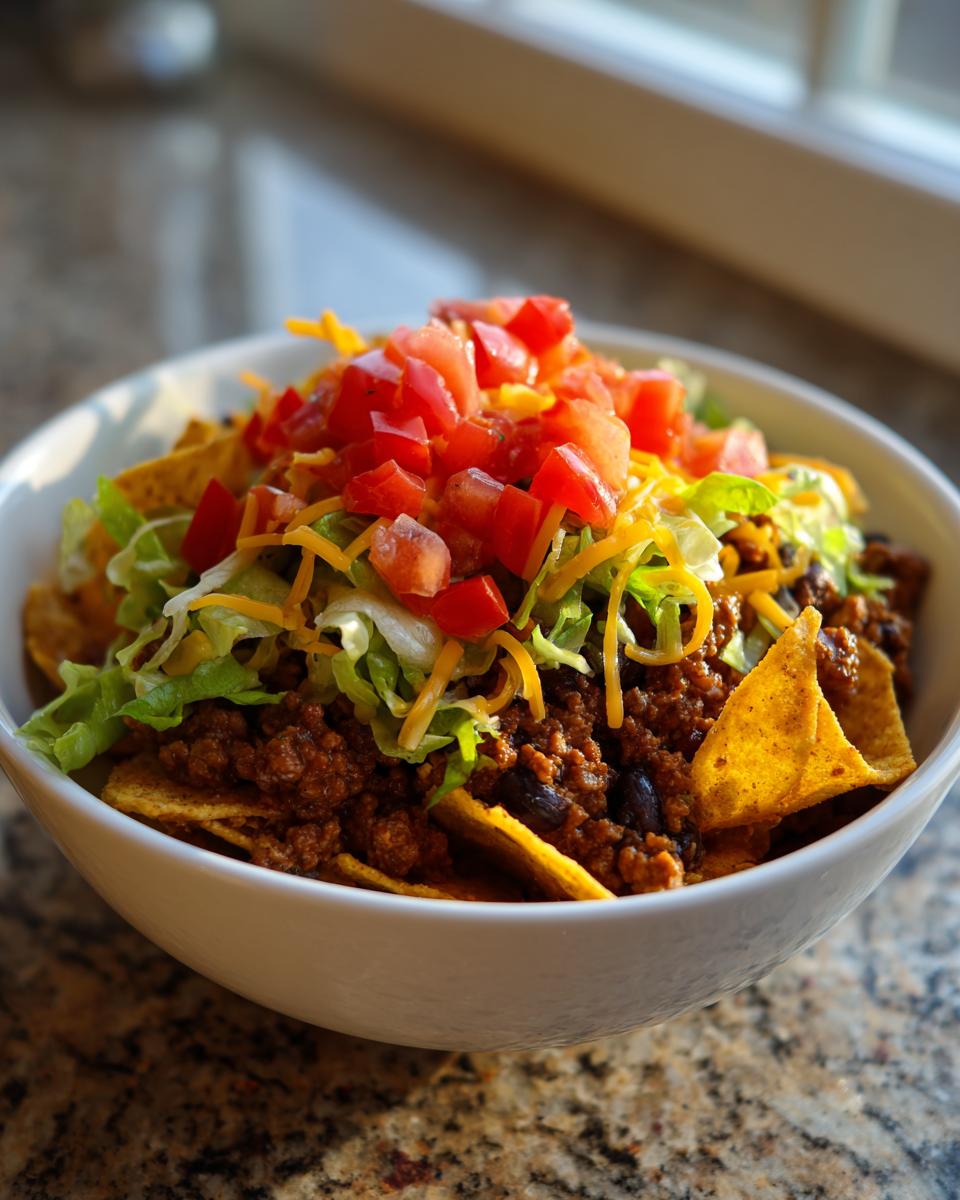 A close-up of Smothered Fritos Taco Bowls featuring seasoned ground meat, Fritos chips, shredded lettuce, cheese, and diced tomatoes.