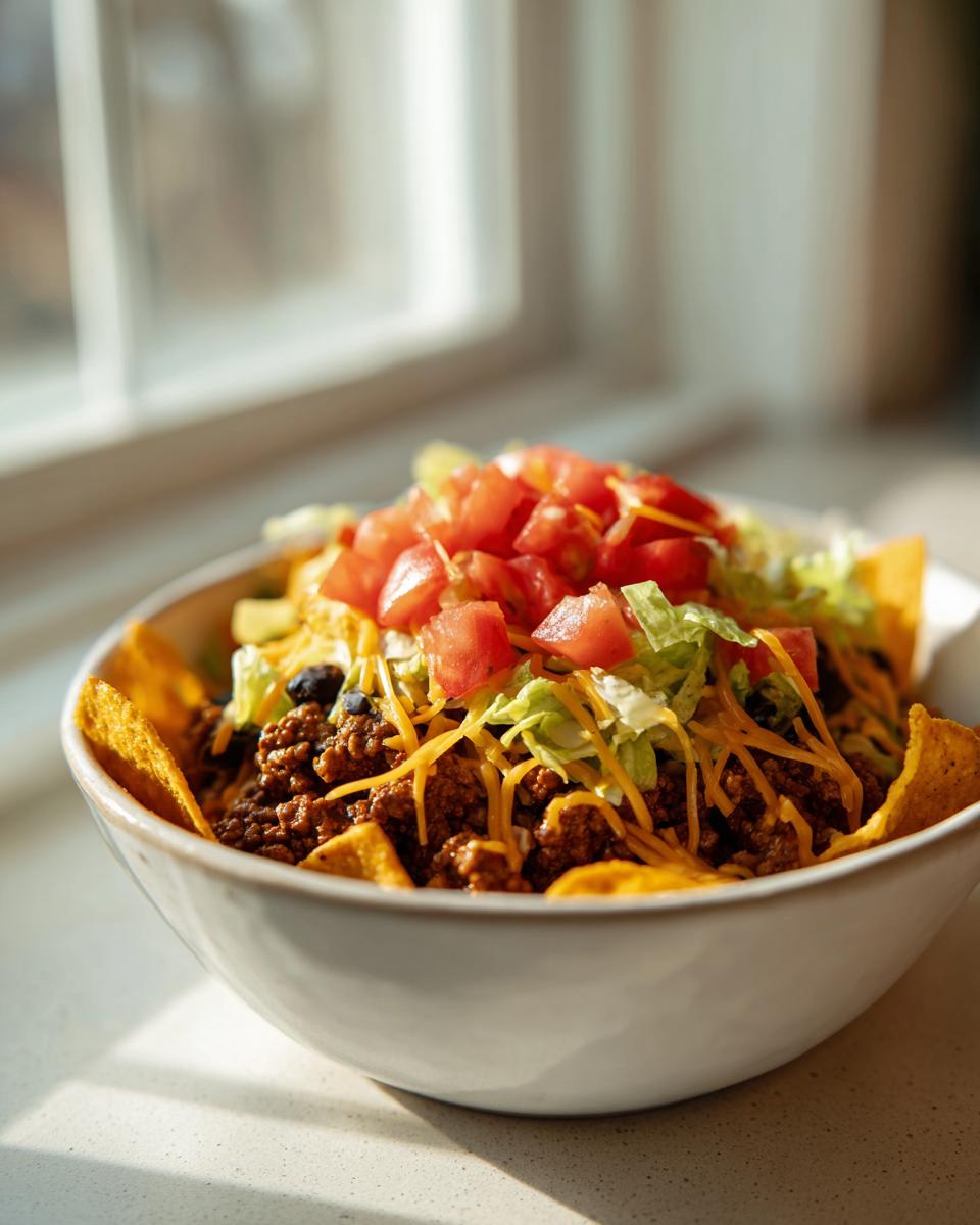 A close-up view of Smothered Fritos Taco Bowls topped with seasoned beef, shredded cheese, lettuce, and diced tomatoes.