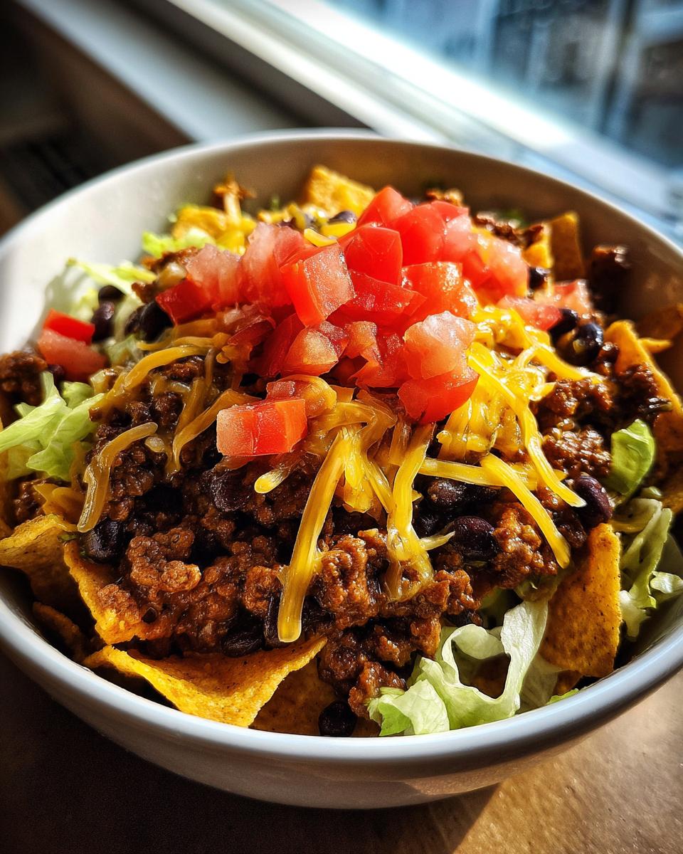 A close-up of Smothered Fritos Taco Bowls topped with seasoned ground beef, black beans, shredded cheese, and diced tomatoes.