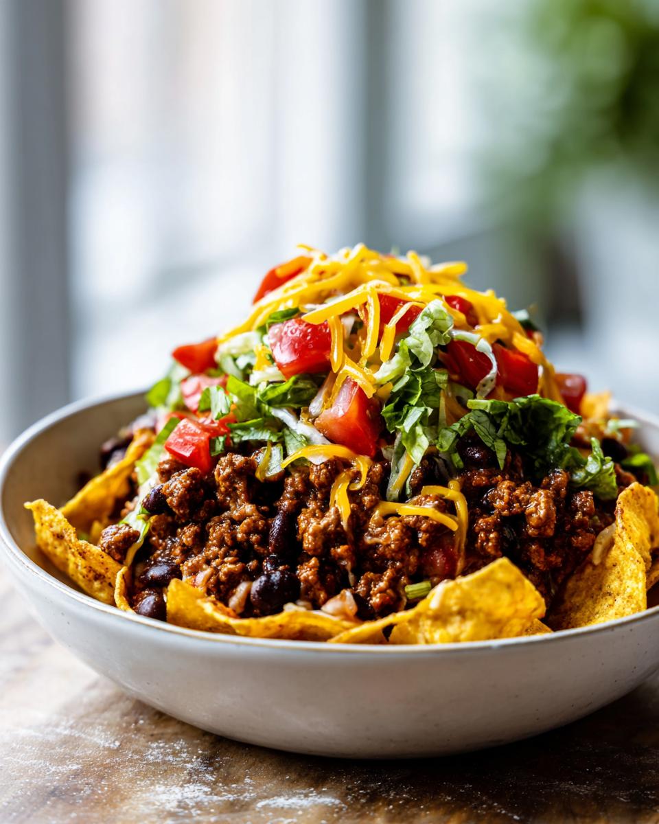 A hearty bowl of Smothered Fritos Taco Bowls featuring seasoned ground beef, black beans, lettuce, tomatoes, and shredded cheese.