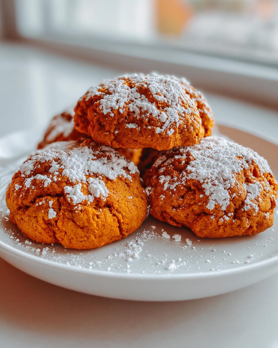 Close-up of soft, orange Spooky Pumpkin Cookies piled on a white plate and heavily dusted with powdered sugar.