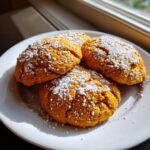 Four soft Spooky Pumpkin Cookies piled on a white plate, heavily dusted with white powdered sugar.
