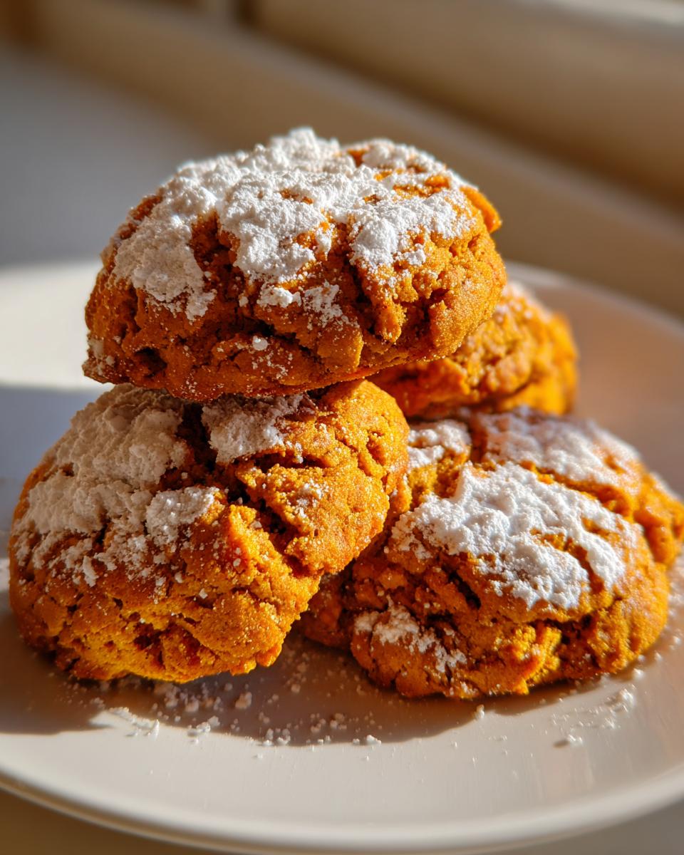 A stack of four soft, orange Spooky Pumpkin Cookies dusted heavily with white powdered sugar, sitting on a white plate.