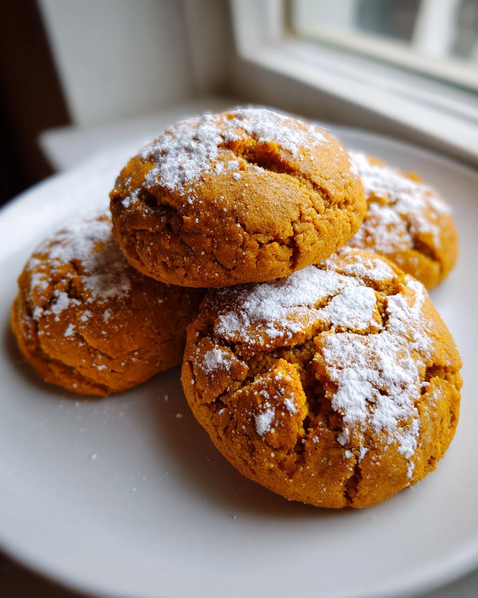 Close-up of four soft Spooky Pumpkin Cookies dusted heavily with white powdered sugar on a white plate.