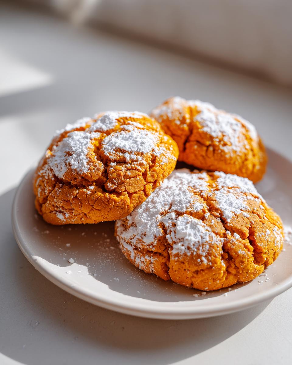 Three bright orange Spooky Pumpkin Cookies dusted heavily with white powdered sugar, resting on a light plate.