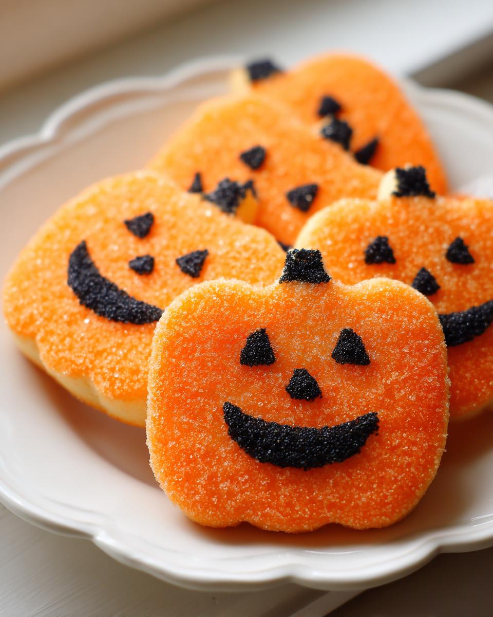 Close-up of several bright orange, sugar-coated Jack O Lantern Cookies with black sprinkle faces on a white plate.