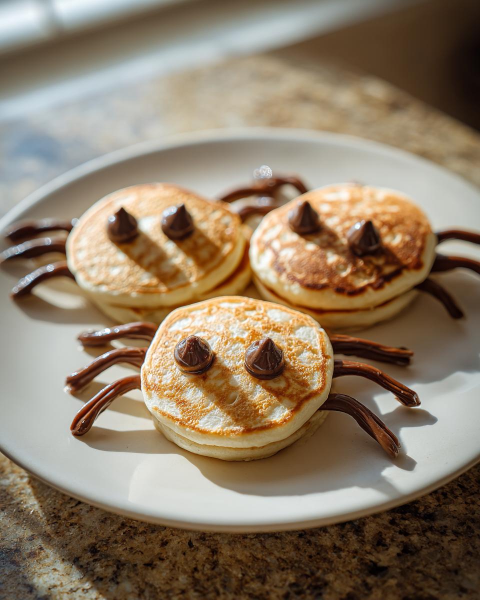 Three cute Spider Pancakes decorated with chocolate eyes and legs on a light plate.