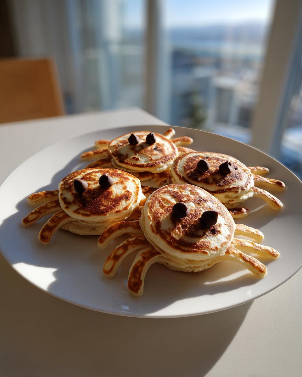 Four cute Spider Pancakes decorated with chocolate chips for eyes, arranged on a white plate indoors.