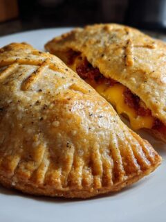 Two golden-brown Spooky Chorizo Hand Pies, one slightly open showing melted cheese and chorizo filling, resting on a white plate.