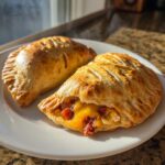 Two golden-brown Spooky Chorizo Hand Pies on a white plate, one showing a gooey, cheesy chorizo filling.