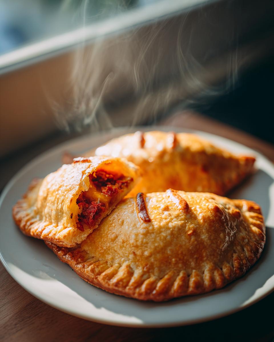 Three golden-brown Spooky Chorizo Hand Pies, one cut open to show the filling, steaming hot.