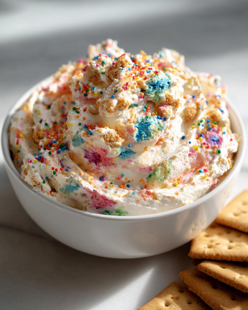 A white bowl filled with colorful Spooky Dunkaroo Dip, topped with sprinkles and cookie crumbs, next to graham crackers.